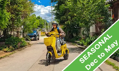 E-bike on a quiet Naxi village lane with mountains in the background